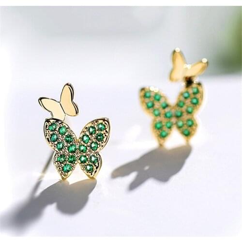 Luxury Female Green Crystal Stud Earrings Classic Sterling Silver Gold Earrings For Women Charm Butterfly Small Wedding Earrings