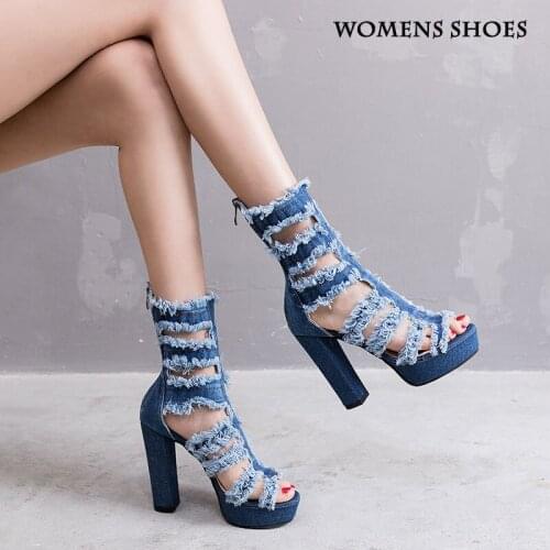 Womens shoes denim hollow high heel sandals fish mouth womens shoes waterproof platform sandals women high heels