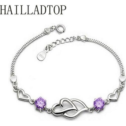 Silver Heart To Heart Bracelet Fashion Female Models Cute Vintage Jewelry Shining Purple Crystal Bracelet Lot Womens Bracelets