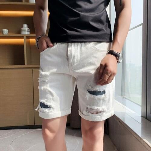 Top Quality Summer All Match Denim Ripped Shorts Men Clothes 2021 Solid Slim Fit Casual White/Black Jeans Short Homme Streetwear
