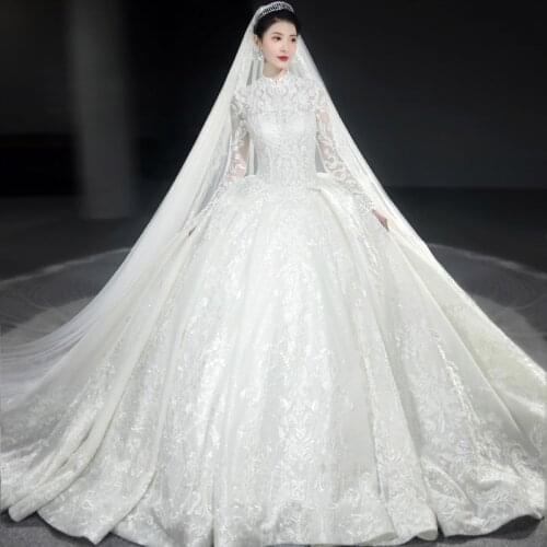 Custom Made Wedding Dresses Ball Gown Long Train High Neck Tulle Lace Crystal Muslim Formal Wedding Gowns 2020 New Fashion HS11