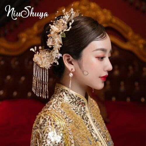 NiuShuya Bridal Headwear Gold Liquid Flower New Style Tassel Chinese Hairwear Wedding Hair Ornaments Wholesale