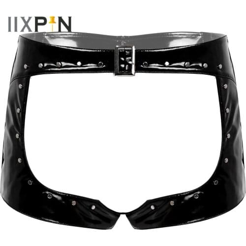 Womens Pole Dance Mini Shorts Patent Leather Cutout Front Boxer Brief Bottoms Wet Look Hot Rivet Hollow Out Pants Boxers Shorts