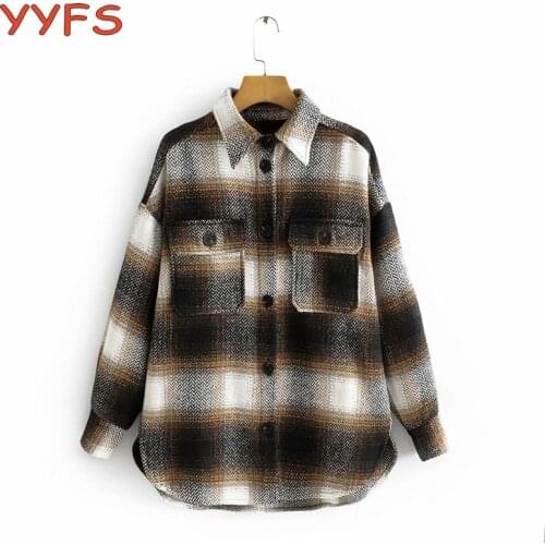 Vintage Plaid Jacket women 2020 long sleeve woolen Oversized shirts Ladies thick plaid streetwear elegant chic coat female