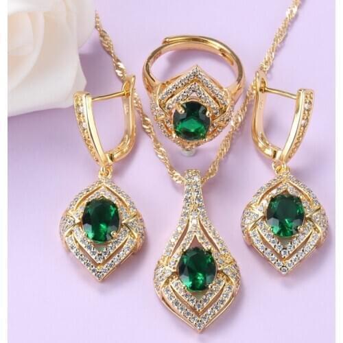 Green Jewelry Sets Cubic Zirconia Costume Gold-Color Necklace And Earrings Ring 8-Colors Elegant Women Sets
