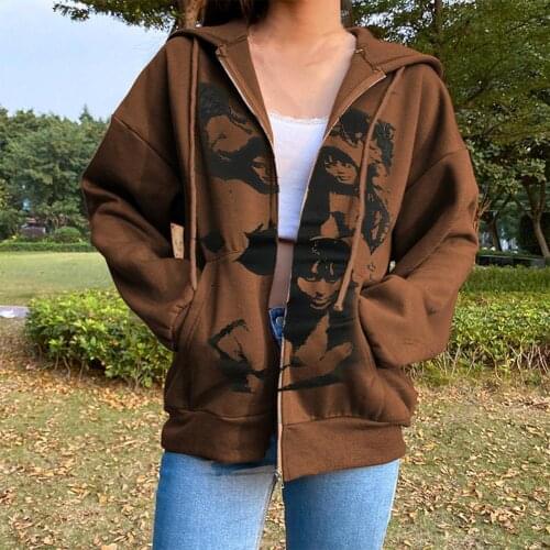 Y2k Women Hoodies Jacket Coat Harajuku Face Print Streetwear Hoodies Autumn Zipper Hooded E-girl Gothic Sweatshirt Outwear