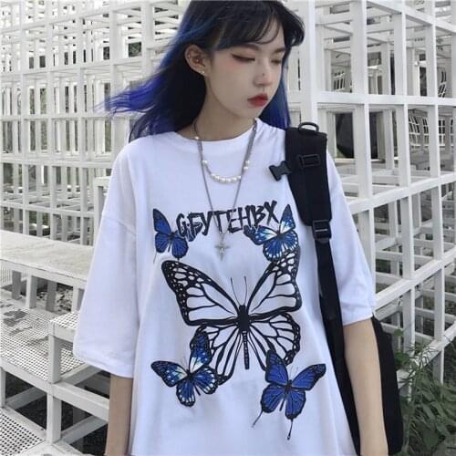 Women T-shirt Summer Streetwear Vintage Butterfly Letter Print Hip Hop Short-sleeved T-shirt Harajuku Vintage Clothes White top