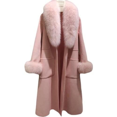 Oversize Women Elegant Fox Fur Collar Cashmere Jacket Handmade Belt Long 100% Wool Trench Coat Ladies