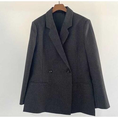 2021 New Woman slit Dark Grey Wool Checked Blazer Fashion Oversized Double Breasted Suit