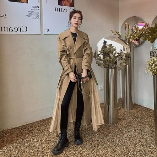 Womens Khaki Windbreaker French Loose Net Yarn Stitching Casual Spring Autumn Trench Coat Female Cape New Fashion Ladies Cloak