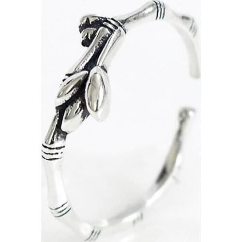 S silver original Chinese style bamboo leaf shape without inlaid cold wind female opening adjustable ring