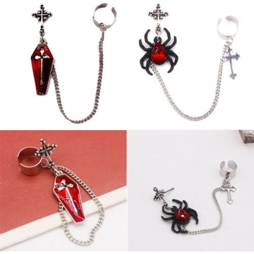1Pc Gothic Punk Red Spider Cross Coffin Silver Color Finish Long Chain Ear Cuff Dangle Earrings Fashion Jewelry Unisex