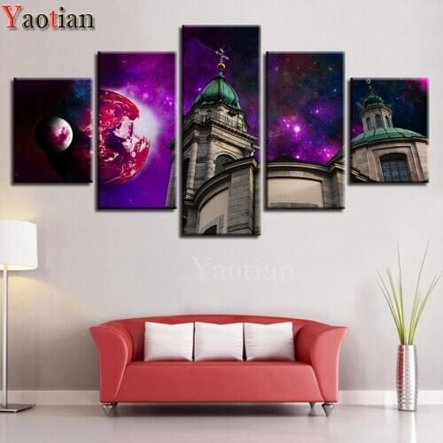 5 Pieces 5d Diy Diamond Painting Full Square Abstract Planet And Building Scenery Diamond Embroidery Cross Stitch Rhinestone Art