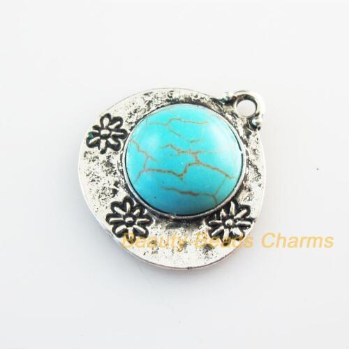 6 New Retro Charms Tibetan Silver Color Stone Flower Heart Pendants 20x22mm