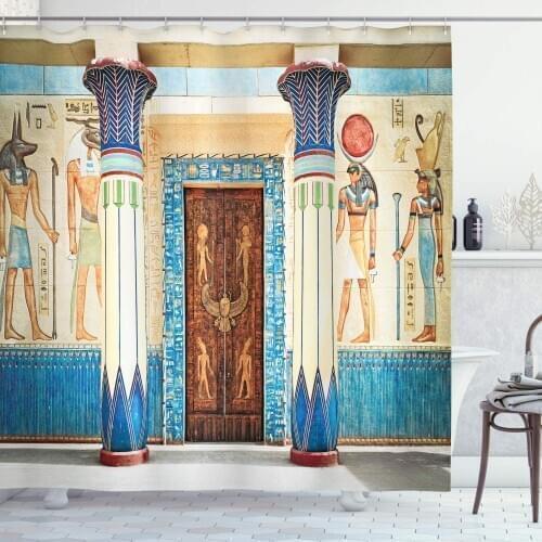 Beige Brown Egyptian Print Shower Curtain Egyptian Writing on Stone Antique Old Indigenous Civilization Bathroom Curtain