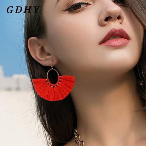 GDHY Vintage Bohemian Big Tassel Drop Earrings Multicolor Silk thread Tassel Elliptical ring For Women Wedding Earring Jewelry