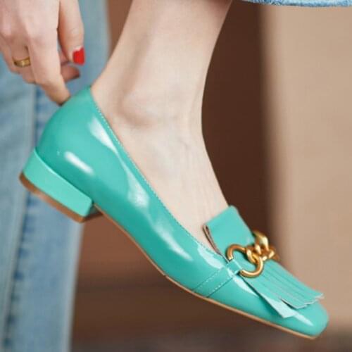 INS hot Spring Women pumps natural leather 22-24.5cm Cow patent leather +Pigskin lining sheepskin insoles Tassel metal chain