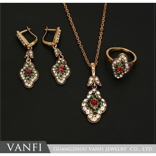 Top Quality Green Resin Jewelry From Turkish New Necklace Earring Sets Antique Gold Women Jewelry Sets