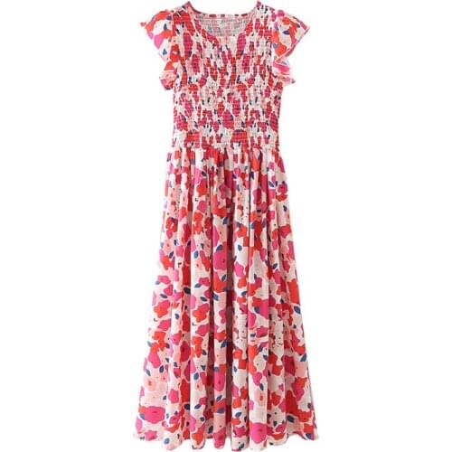 JC·KILIG Summer 2021 Womens French Print Holiday Dress With Round Neck and Flounce Sleeves and Tight Waist XZ21091