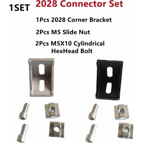2028 Aluminum Profile Connector Set: 2Pcs M5X10 Cylindrical Hexagon Head Bolt + 1Pcs 2028 Corner Bracket + 2Pcs M5 Slide Nut