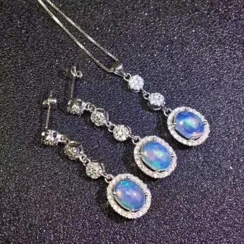Natural Opal necklace pendant + ear nail 925 pure silver precision inlaid Opal fire color very good support test