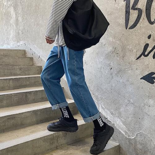 2021 New Korean Collage Hip Hop Denim Pants Man Straight Autumn Casual Jeans Mans Streetwear Fashion Male Clothing