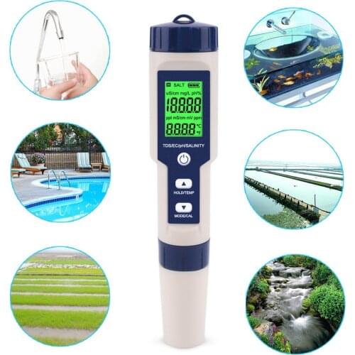 Yieryi Professional Digital Water Tester 5 In 1 PH/TDS/EC/Salinity/Temperature Tester Pen Waterproof Multi-Function Meter