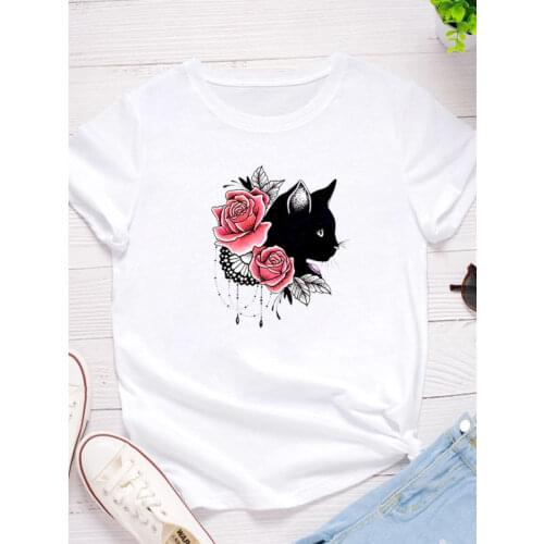 Black Cat Flower Print Women T Shirt Short Sleeve O Neck Loose Women Tshirt Ladies Fashion Tee Shirt Tops Camisetas Mujer
