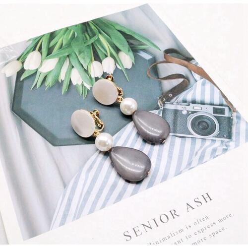 Grey Teardrop Resin Pearl Charm Clip Earring