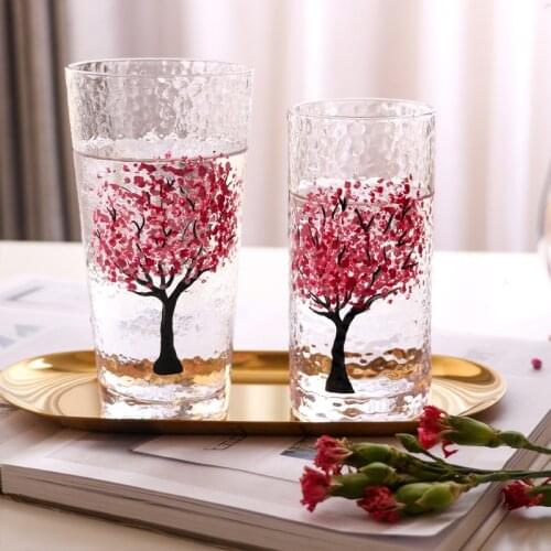 Romantic Handwriting Sakura Glass Cup Lead Free Transparent Water Drinking Cup Hammer Pattern Japanese Cherry Blossom Juice Cup