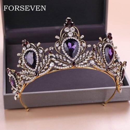Purple Crystal Bridal Tiara Crown Rhinestone Diadem for Princess Wedding Hair Accessories Vintage Gold Crystal Queen Bride Crown