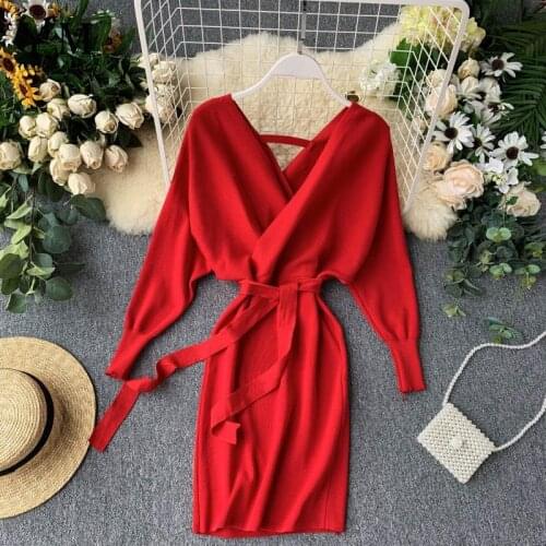 YuooMuoo Ins Fashion Sexy Package Hips Sash Bandage Bodycon Dress Women 2021 Autumn Winter Elegant V-neck Knitted Sweater Dress