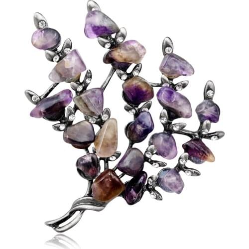 Vintage Color Alloy Tree Branches Purple Natural Stone Beads Brooch Pin Women Corsage Scarf Buckle Jewelry Accessories