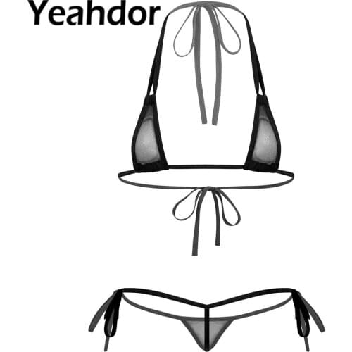 Women Sexy Lingerie Suit See-through Swimwear Mesh Strappy Micro Bikini Set Triangle Swimsuit Bathing Suit for Beach Sunbath