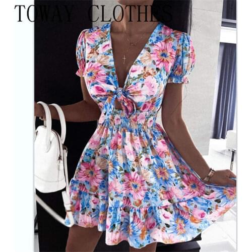 Women Cutout Front Short Sleeve Floral Print Puff Sleeve Tied Detail Dress A Line Chic Summer Mini Dress