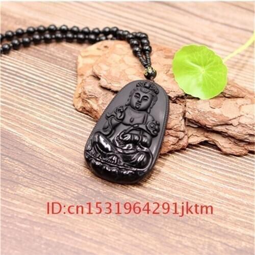 Natural Necklace Women for Charm Chinese Guanyin Fashion Buddha Jade Black Jewelry Beads Obsidian Gifts Pendant Amulet