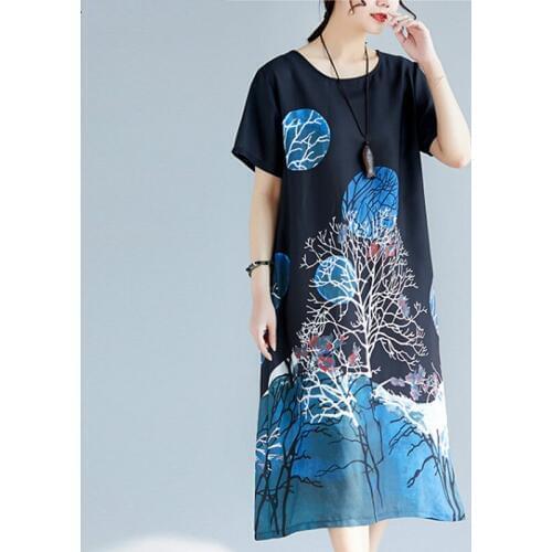 2019 Summer Plus Size Women Dress Vintage Big Size Female Vestidos Loose Print Painted Elegant Lady Dress LP267