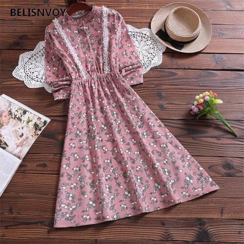 Mori Girl 2021 New Autumn Spring Women Elastic Waist Dress Ruffled Floral Printed Pockets Dress Pink Corduroy Dresses With Lace