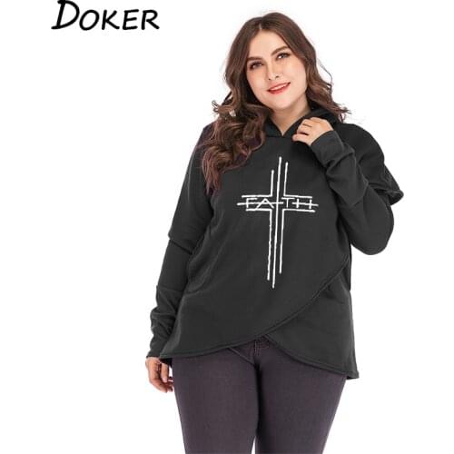 2020 Autumn Winter Long Sleeve Pullover Hoodies Sweatshirts Women Cross Faith Print Hoodie Plus Size Christmas Warm Sweatshirt