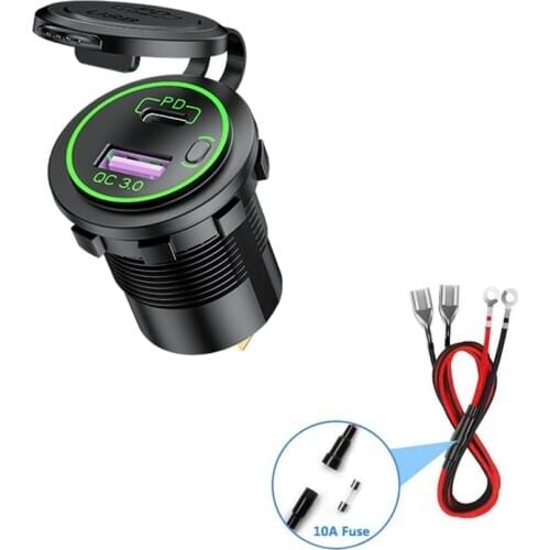 DIY 12V/24V PD Type C Car Charger ON/OFF Switch QC 3.0 Quick Charger Waterproof 36W Charger Power Delivery with Fuse 60cm Cable