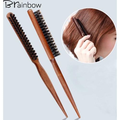 Brainbow 1pc Wooden Comb Handle Natural Boar Bristle Hair Brush Fluffy Anti Loss Comb Dish Hairdresser Barber Hair Styling Tools