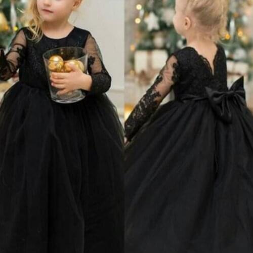 Elegant Black Flower Girl Dress Lace Applique Tulle Lovely Princess Dress Long Sleeves Big Bow Birthday Pageant Dresses
