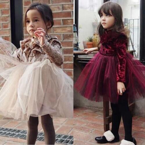 Brand New Toddler Infant Pageant Kids Baby Girl Dress Velvet Fleece Birthday Party Dress Tulle Tutu Long Sleeve Dress 1-6T