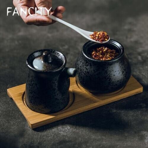 FANCITY Japanese-style ceramic seasoning jar three-piece set household spoon with lid seasoning jar salt shaker pepper shaker oi