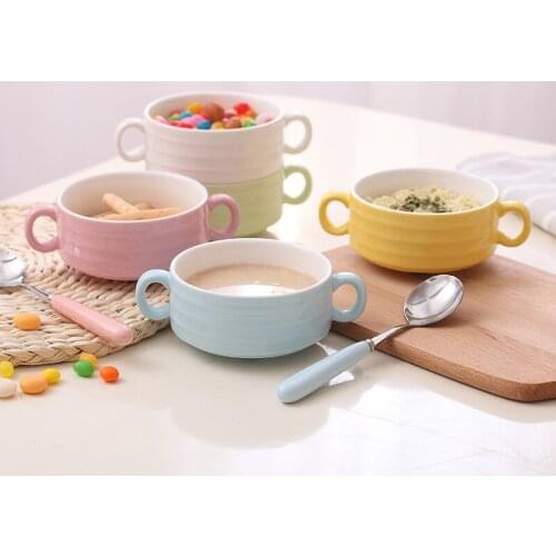 Ceramic Dual Handle Porringer Steamed Egg Baking Slow Cooker Single Childrens Creative Soup Bowl Dessert Salad Pudding Househol
