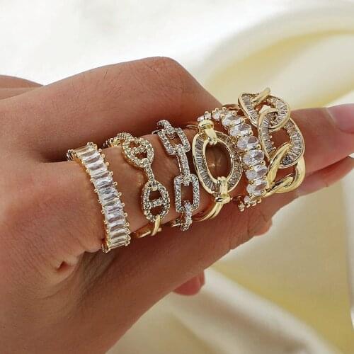 FEEHOW Trendy New Geometric Chain Alien Rings for Women Colorful Enamel Crystal Rings Summer Beach Travel Couple Jewelry Gift