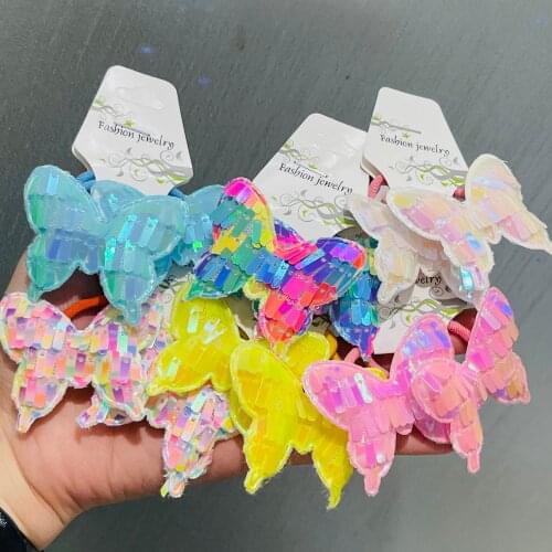 2Pcs Children Butterfly Hair Band Popular Flipped Color Fish Scale Elasticity Hair Circle Multi-layer Sequin Hair Accessories