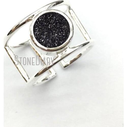 Top Seller Copper Ring Double Wrapped Titanium Black Druzy Crystal Silver Finish Circle Ring Adjustable RM12693
