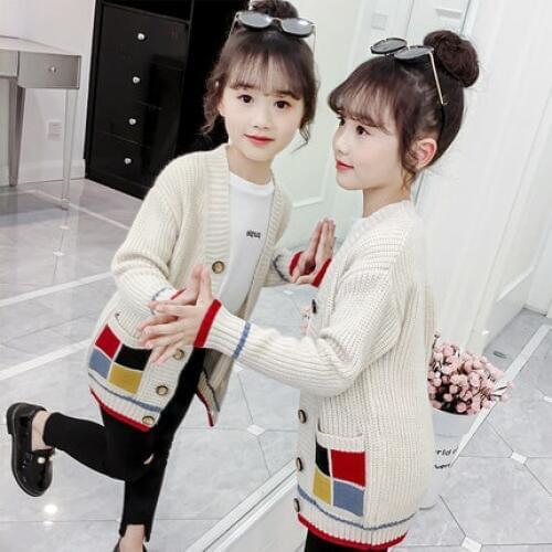 Hot Sale Girls Casual Knitted Sweater Spring Fall Students Kids Color Blocking Cardigan Jacket Childrens Knitwear Clothes B347