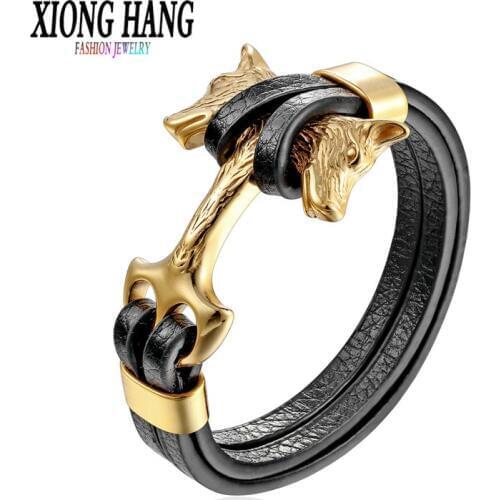 XiongHang Asian Hot Selling Wolf Anchor Bangle And Bracelet Genuine Leather Wristband Men Women Jewelry Titanium Steel Jewelry